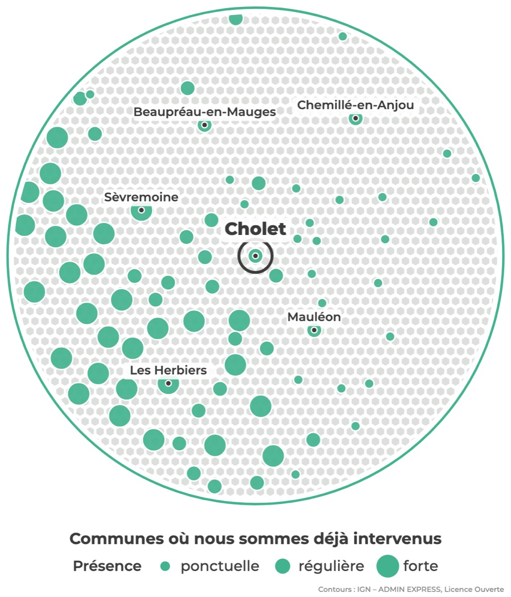 Carte des communes où Réseau Expertis est déjà intervenu autour de Cholet