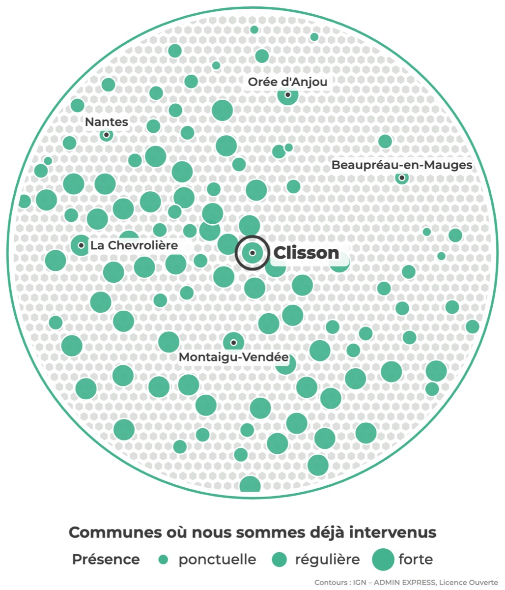 Carte des communes où Réseau Expertis est déjà intervenu autour de Clisson