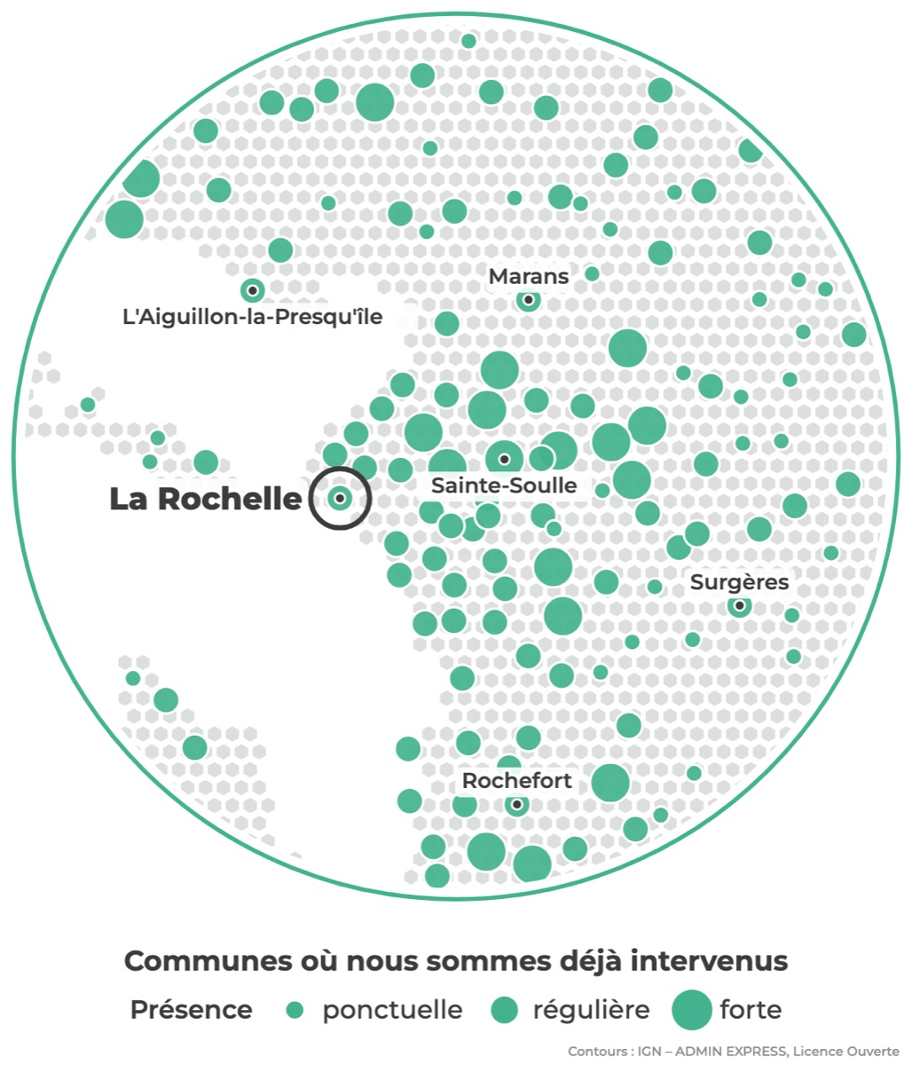 Carte des communes où Réseau Expertis est déjà intervenu autour de La Rochelle