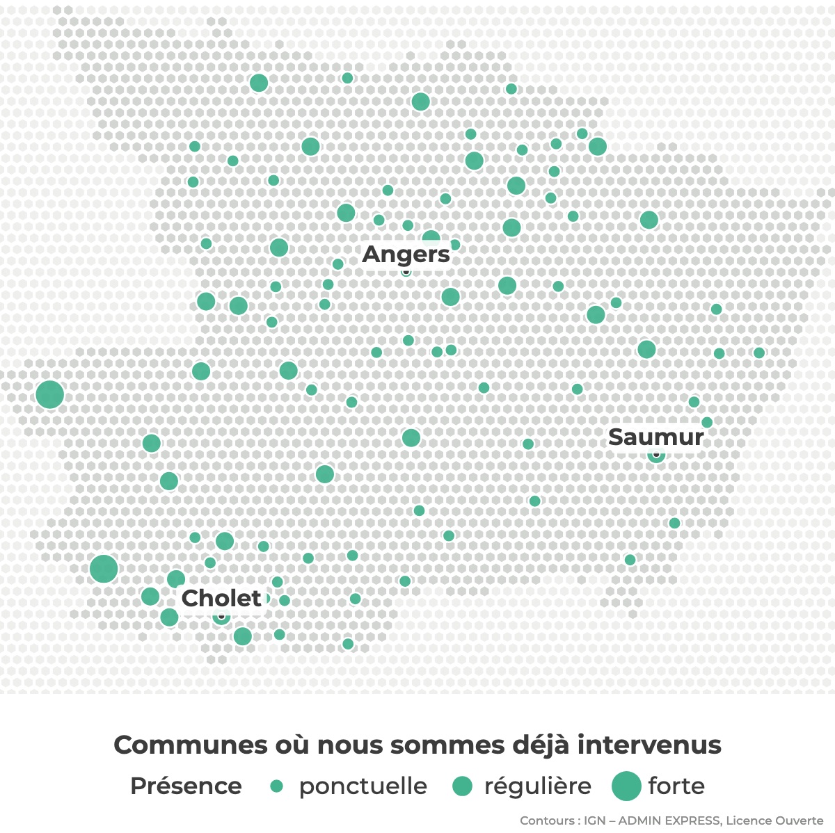 Carte des communes où Réseau Expertis est déjà intervenu en Maine-et-Loire
