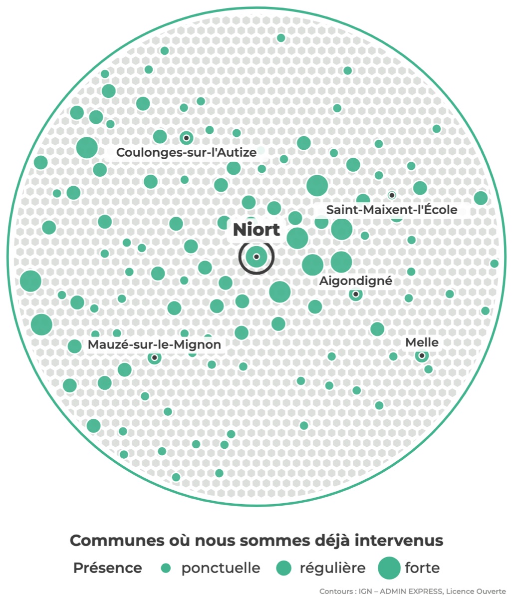 Carte des communes où Réseau Expertis est déjà intervenu autour de Niort