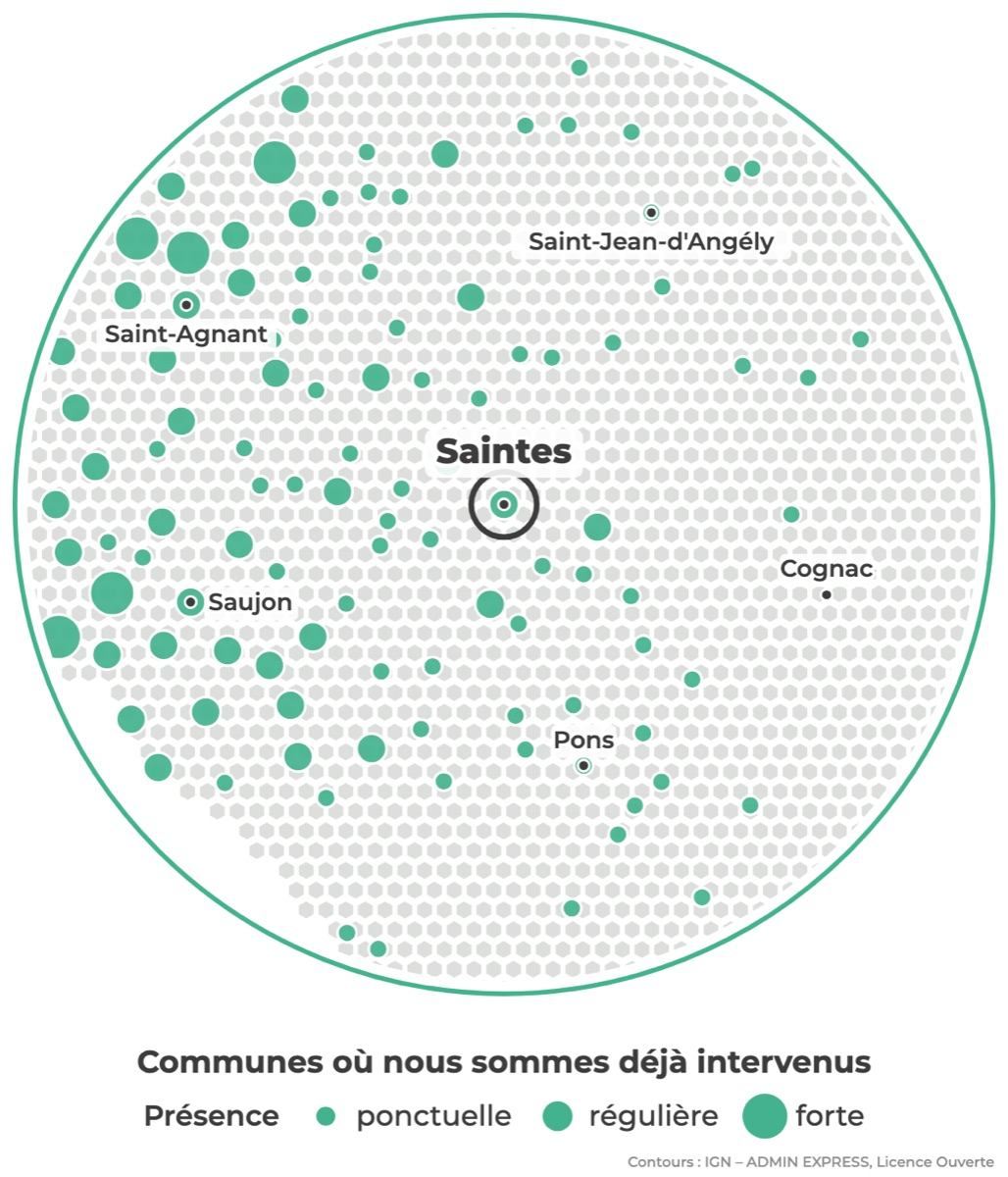 Carte des communes où Réseau Expertis est déjà intervenu autour de Saintes